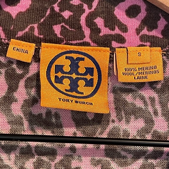 Tory Burch Merino Wool Cardigan Sweater, Pink and Brown Print, Logo Buttons, S - Picture 4 of 15